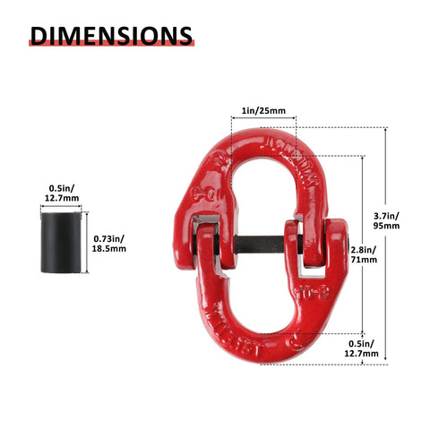 Four Pack Three Eighths Inch G80 Alloy Steel Hammerlock Coupling Links Painted Finish dimensions diagram