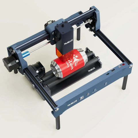 Front-left view of WAINLUX 4-pc laser engraver raiser kit on a blue frame with rails; red can on roller bed.