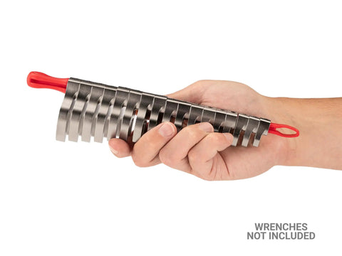 Hand holding Three Eighth Inch Drive Crowfoot Wrench Organizer Key In Red Portable Durable Polypropylene Case