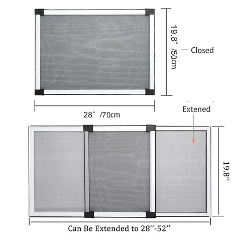 Expandable Window Screen Pack For Double Hung Windows Big Adjustable Mesh Screens 19.8 In High By 28 To 52 In Wide 5 Pack Replacement No Fuss Easy DIY Install Built To Last Bugproof Fiberglass Screen showing extended and closed views in white frames