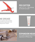 F1960 PEX A Expansion Tool With Pipe Cutter And Expander Heads shown with PEX cutter, cone grease, and expansion heads.