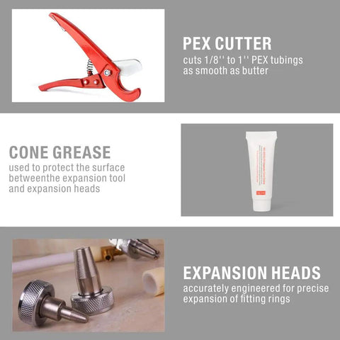 F1960 PEX A Expansion Tool With Pipe Cutter And Expander Heads shown with PEX cutter, cone grease, and expansion heads.