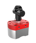Magnetpro multipurpose switch magnet, front view: red top housing, black swivel handle, silver base.