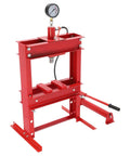 No Sweat 10 Ton Hydraulic Shop Press With Pressure Gauge And Press Plates Adjustable Height H Frame Bench Press for metalworking tasks.