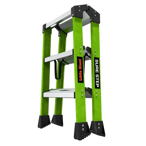 Sure Step 3 Step Double Sided Fiberglass Ladder Workhorse, Hi Viz Green, with slip resistant feet and nylon spreader straps.