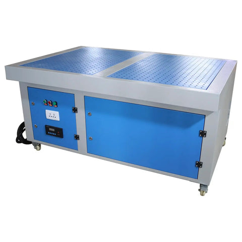 Rugged Metalworking Down Draft Table Dust Collector Vacuum with blue body and perforated top for effective dust collection.