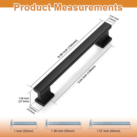 5 Inch Matte Black Cabinet Handles Set Of 10 Heavy Duty Drawer Pulls dimensions shown with mounting screws sizes 25mm 35mm 40mm