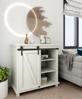 Two And A Half Foot Sliding Barn Door Hardware Kit for Single Door TV Stands And Small Cabinets J Shaped Hanger System with Carbon Steel Track installed on white cabinet