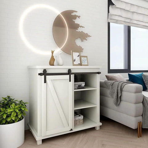 Two And A Half Foot Sliding Barn Door Hardware Kit for Single Door TV Stands And Small Cabinets J Shaped Hanger System with Carbon Steel Track installed on white cabinet