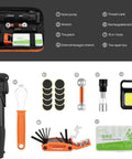 All In One Bike Repair Kit With Pump And LED Light, 16 In 1 Portable Tool Bag, 120 PSI, Glueless Patches, Multi Tool For Road, Mountain, Gravel And E Bikes displayed items