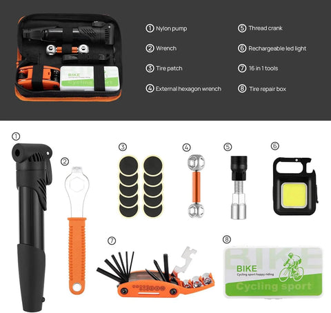 All In One Bike Repair Kit With Pump And LED Light, 16 In 1 Portable Tool Bag, 120 PSI, Glueless Patches, Multi Tool For Road, Mountain, Gravel And E Bikes displayed items