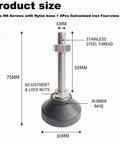 Heavy Duty M6 Furniture Leveling Feet Squash The Wobbles Off Tables Cabinets And Workbenches Quick With Swivel Nylon Bases And Sturdy Steel Bolts, showing dimensions and materials.