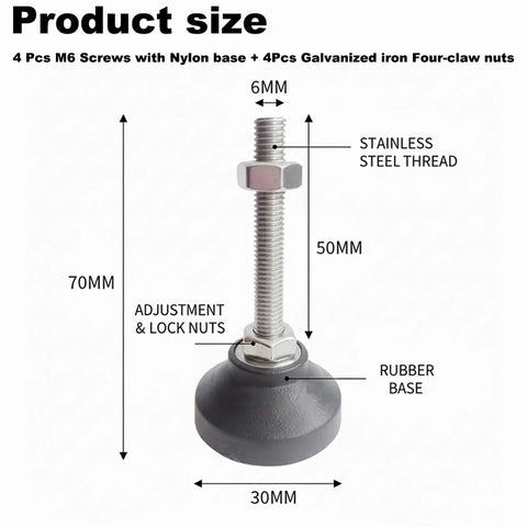 Heavy Duty M6 Furniture Leveling Feet Squash The Wobbles Off Tables Cabinets And Workbenches Quick With Swivel Nylon Bases And Sturdy Steel Bolts, showing dimensions and materials.