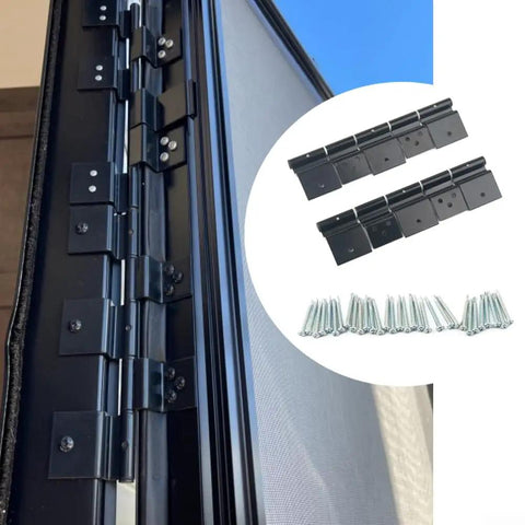 Rock Solid Aluminum RV Door Hinges Complete Replacement Kit For Fifth Wheels And Motorhomes showing black aluminum hinges and fasteners.