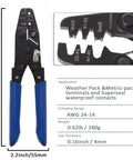 Pro Grade Automotive Wire Crimp Pins Kit With 1.0 To 3.5mm Male And Female Terminals Seals Removal Tool 950 Piece Case Box Heavy Duty Crimp Tools Set For Car Truck Motorcycle ATV crimping tool with blue handles and jaw specifications
