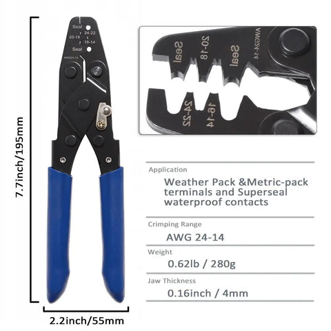 Pro Grade Automotive Wire Crimp Pins Kit With 1.0 To 3.5mm Male And Female Terminals Seals Removal Tool 950 Piece Case Box Heavy Duty Crimp Tools Set For Car Truck Motorcycle ATV crimping tool with blue handles and jaw specifications