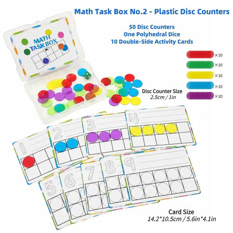 Set Of Five Math Manipulatives Kit With Base Ten Blocks Number Rods Numbers 0 To 9 Ten Frame Counters Place Value Blocks 3D Shapes And Activity Cards For Hands On Learning In Classrooms showing disc counters and activity cards
