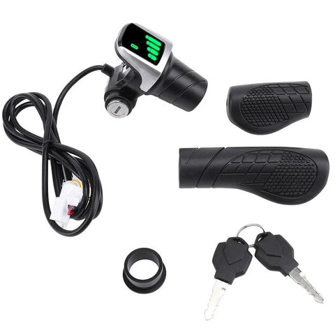 36V Half Twist Ebike Throttle Grip With Key Lock And LCD Display, right hand handlebar throttle, keys and wiring for E Scooter MTB Bike and Motorcycle.