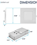 Dimensions of 16 Pack 6 Inch Canless LED Recessed Lights With Built In J Box, showing cutout size and compact junction box.
