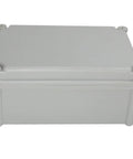 Dang Tough Weatherproof Plastic Junction Box Electrical Enclosure With Rock Solid IP67 Seals For Outdoor DIY Wiring Projects Includes Mounting Hardware Gray top view of gray junction box.