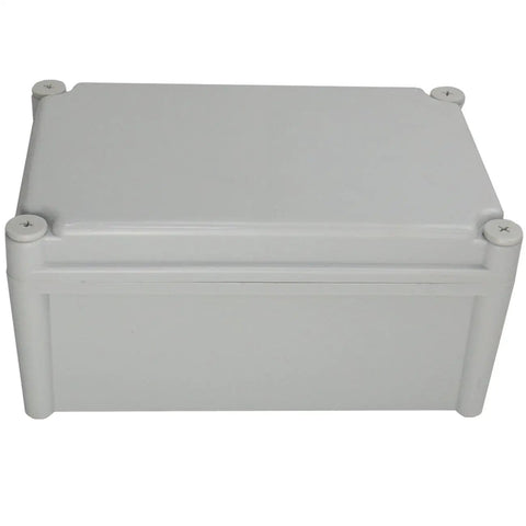 Dang Tough Weatherproof Plastic Junction Box Electrical Enclosure With Rock Solid IP67 Seals For Outdoor DIY Wiring Projects Includes Mounting Hardware Gray top view of gray junction box.