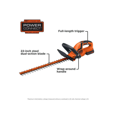 20V Max Cordless Hedge Trimmer with 22 Inch Dual-Action Steel Blade, wrap-around handle, full-length trigger, Power Connect battery