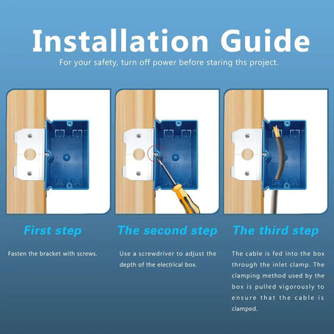 Adjustable 1-Gang Electrical Outlet Box Pack 21 Cubic Inches Each ETL Listed 12 Count Fits 10 14 AWG 9 12 AWG and 8 10 AWG Wire Durable Metal Easy Cutouts and Fast Install installation guide showing bracket, depth adjustment, and cable clamp