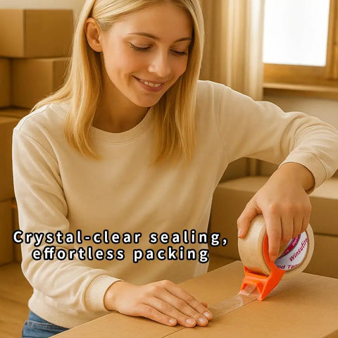 Person sealing box with Heavy Duty Packing Tape For Shipping And Moving, 1.88 Inch Wide By 65 Yards Per Roll, 6 Pack Clear Scotch Tape.