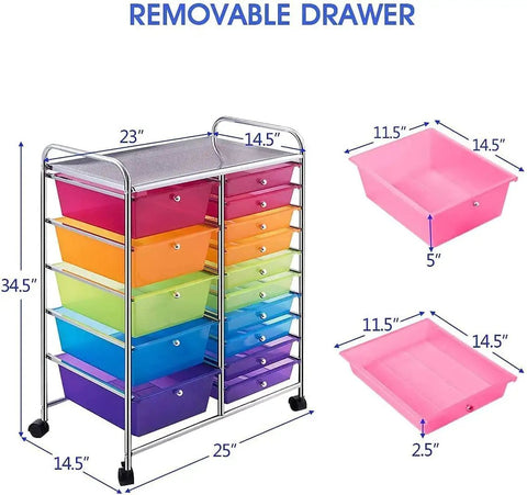 15 Drawer Rolling Storage Cart With Lockable Wheels A Handy Multipurpose Rainbow Organizer with removable drawers displayed