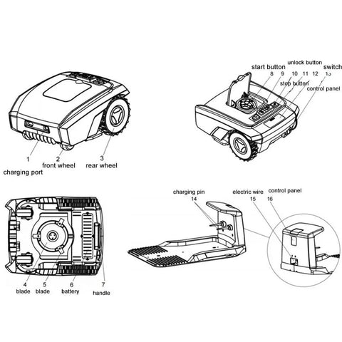 Diagram showing Ultra Quiet Robotic Lawn Mower For Big Yards Up To 1,500 Square Meters With Smart Satellite Navigation components
