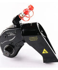 Premium Hydraulic Torque Wrench With Adjustable Pneumatic Drive And Flex Hose For Tight Jobs Durable Aluminum Titanium Alloy side view with red fittings.