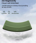 2-in-1 all-in-one ergonomic keyboard stand with built-in wrist rest and memory foam pad in olive green on cloud background