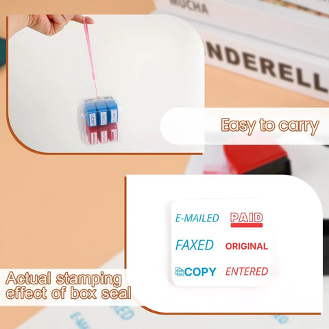 Nifty Six Piece Self Ink Rubber Stamp Set With Vivid Red And Navy Blue Office Stamps in portable case for easy carrying.