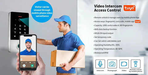 Smart Door Access Control System With Tuya App Remote Video Intercom Monitoring Built In Camera 600 Pound Magnetic Lock IP68 Metal Keypad Fingerprint Password And ID Card Unlock displayed with smartphone control app interface.