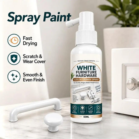 Cabinet Hardware Spray Paint, Quick-Dry Refinish for Knobs & Hinges, 50ML spray bottle on a marble surface with handles.