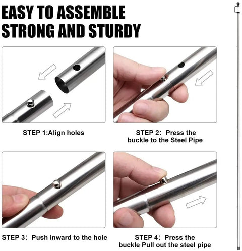 Steps to assemble Adjustable Heavy Duty Tarp Poles Set Of 2, 90 Inch Telescoping Camping Poles, stainless steel parts close-up.