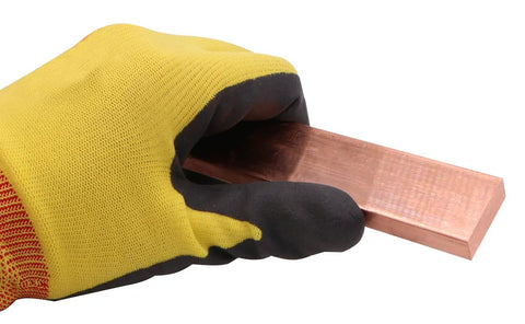 Gloved hand holding Copper Flat Bar 3/8 By 1 By 6 Inch C110 Solid For Diy Craft Milling Lathe Knife Making And Hobby Projects Durable Copper Stock