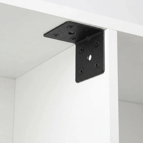 Beefy Heavy Duty L Shaped Corner Shelf Bracket installed on white cabinet, cold rolled steel, 90 degree brace with screws, 6 hole slots.