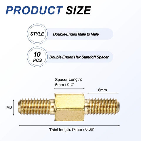 Double-ended copper M3 stud nut, male-to-male, 17mm total length with 5mm spacer, 10 pcs