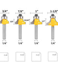 Roundover Router Bit Set Four Piece With 1/4 Inch Shank Radii 1/8 1/4 3/16 5/16 Bearing Guide For Smooth Edge Rounding