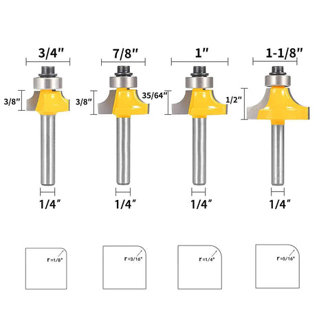 Roundover Router Bit Set Four Piece With 1/4 Inch Shank Radii 1/8 1/4 3/16 5/16 Bearing Guide For Smooth Edge Rounding