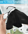 Wsivoiv large black microfiber eyeglasses cleaning cloth in use; 12 x 12 inches, 6-pack, individually wrapped