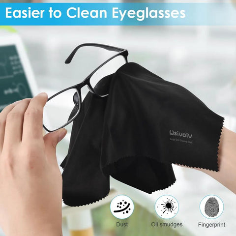 Wsivoiv large black microfiber eyeglasses cleaning cloth in use; 12 x 12 inches, 6-pack, individually wrapped