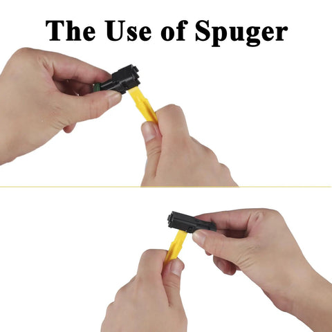 Demonstration of inserting a wire into a connector using a spuger tool for a 10 Pack 2 Pin Weather Pack Connector Set For 20-14 AWG Wire Harness.