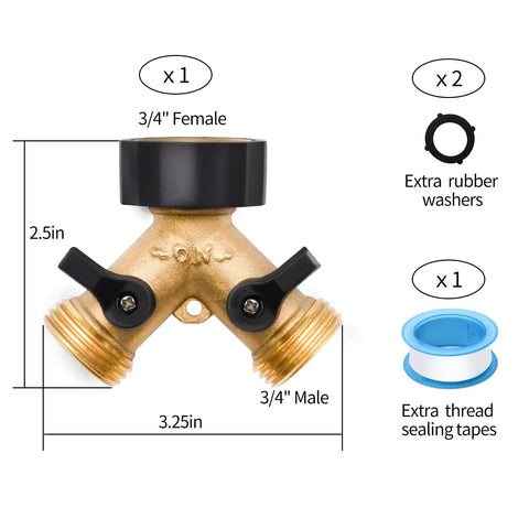 Solid Brass Garden Hose Splitter Tee Adapter Fits 3/4 Inch Fittings Includes Rubber Gasket And Teflon Tape For Smooth Two Way Flow