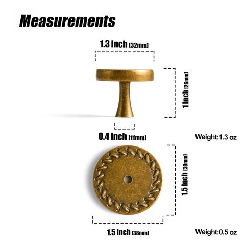 Six Pack Antique Brass Cabinet Knobs With Backplates In Zinc Alloy, dimensions and weight details, Flowcrest style hardware