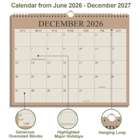 Nail Your 2026 to 2027 Game Plan With This 18 Month Wall Calendar Spanning August 2026 to December 2027 in Green With Premium Paper Twin Wire Binding and A Hanging Hook at 8.5 X 11 Inches to Keep You Squeaky Clean on Every Schedule, showing December 2026 layout with highlighted holidays.