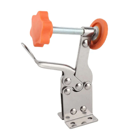 Vertical Toggle Clamp in Stainless Steel, Heavy-Duty Hold-Down Tool for Woodworking and Cabinetry with no-slip grip, side view