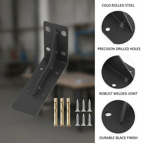 Heavy Duty Triangular Shelf Bracket For Garage Storage Built To Last Cold Rolled Steel Wall Mount Corner Brace, black finish, screws included