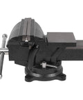 Heavy Duty Six Inch Bench Vise Rock Solid Cast Steel Frame With Double Locking Swivel Base And Flat Hammer Anvil Surface For Tough Daily Shop Grind Woodworking And Pipe Clamping Projects Black Finish side view of the vise showing jaws and swivel base.